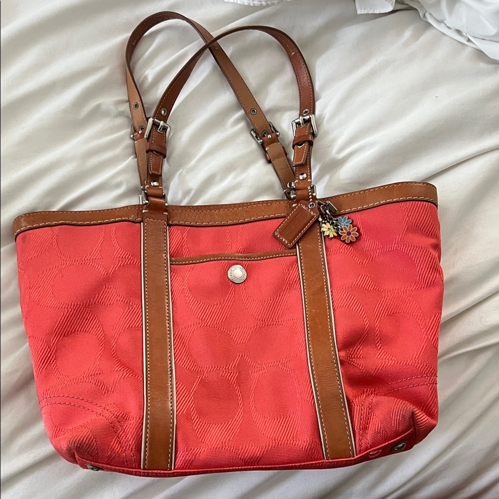 Coach Coral and Brown Tote Bag